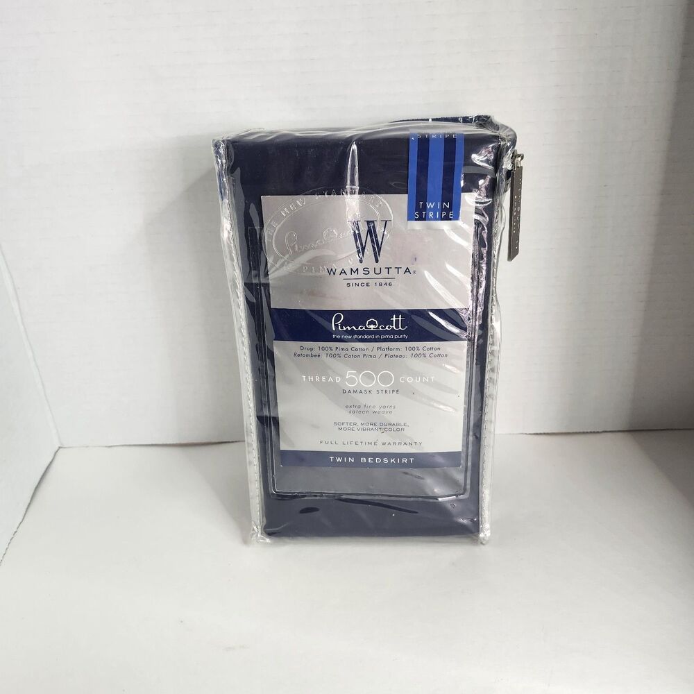 Wamsutta Damask Navy Blue Stripe Twin Bed Skirt 500-Thread Count 100% Cotton